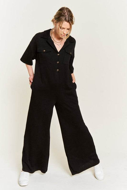 Basic Collar Shirt Wide leg Jumpsuit - Shop Style & More | Fresh Looks, Everyday Deals & Free Shipping