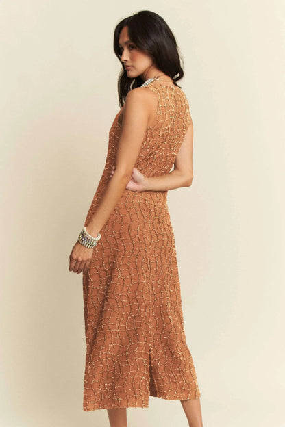 Davi & Dani Golden Textured Zippered Midi Dress - Shop Style & More | Fresh Looks, Everyday Deals & Free Shipping