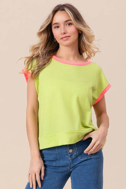 BiBi Cord Rib Knit Contrast Banded Top - Shop Style & More | Fresh Looks, Everyday Deals & Free Shipping