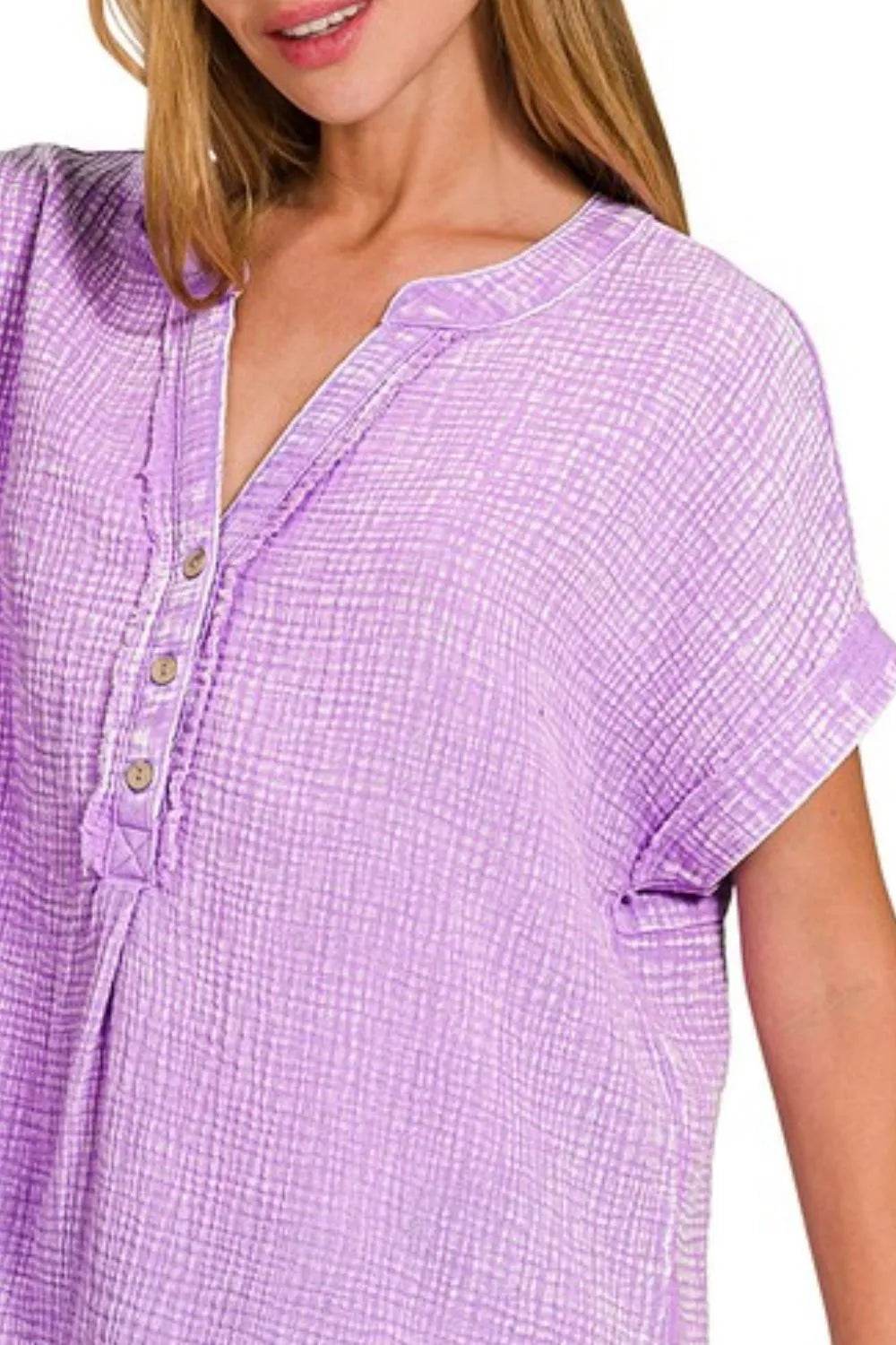 Zenana Washed Double Gauze 3/4 Button Henley Neck Shirt - Shop Style & More | Fresh Looks, Everyday Deals & Free Shipping