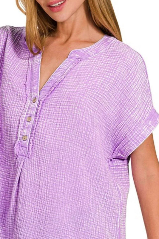 Zenana Washed Double Gauze 3/4 Button Henley Neck Shirt - Shop Style & More | Fresh Looks, Everyday Deals & Free Shipping