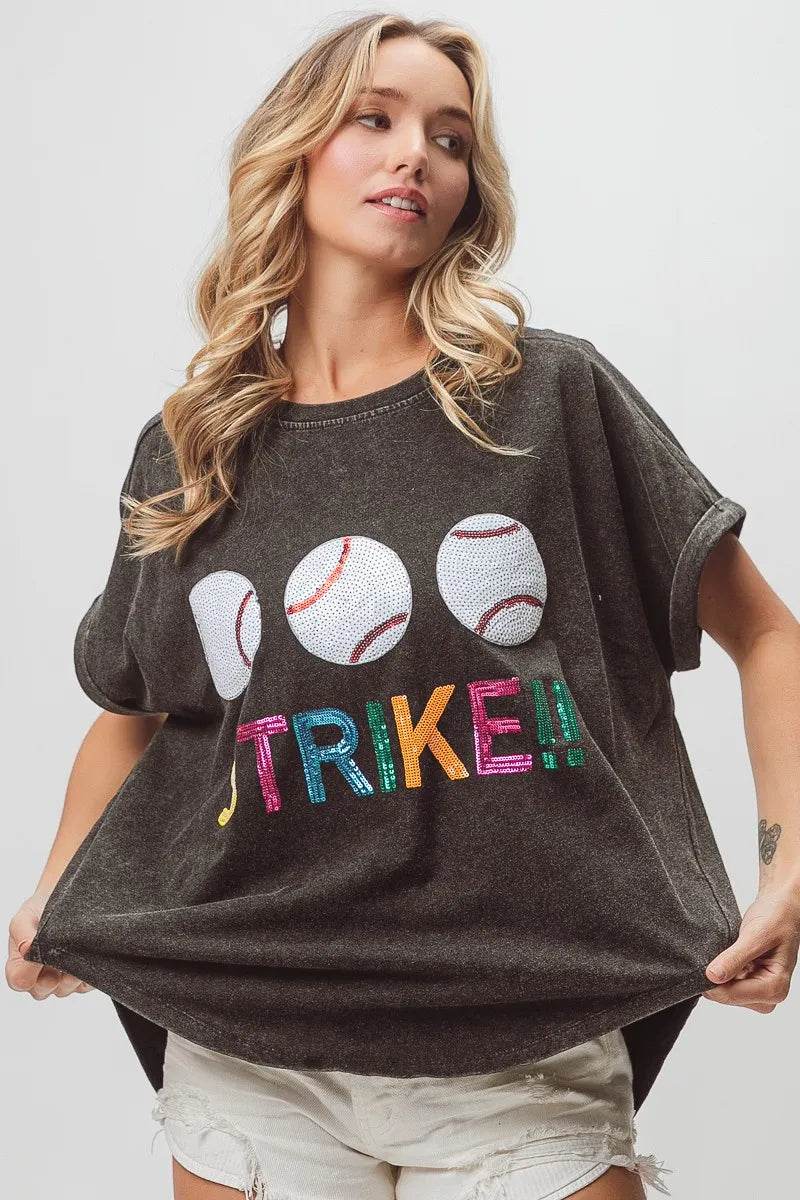 BiBi Sequin Baseballs Strike Washed Short Sleeve Top - Shop Style & More | Fresh Looks, Everyday Deals & Free Shipping