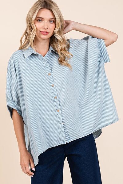 Mittoshop Washed Striped Button Down Shirt Blouses