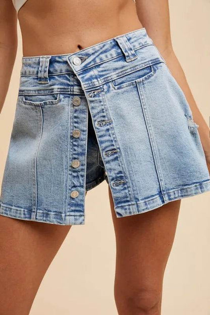 Annie Wear Button Detail Stretch Denim Wrap Mini Skort - Shop Style & More | Fresh Looks, Everyday Deals & Free Shipping