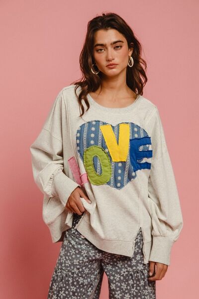 BiBi LOVE Heart Patch Slit French Terry Sweatshirt Hoodies & Sweaters