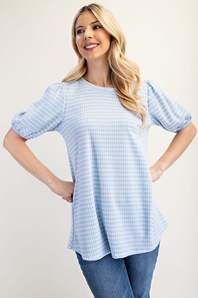 Celeste Full Size Gingham Print Top With Puff Sleeves Plus Size Blouses