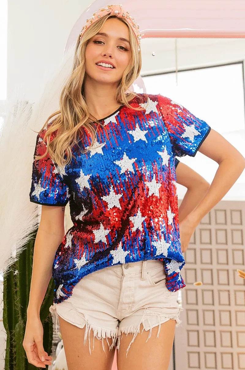 BiBi American Theme Star Pattern Sequin Top - Shop Style & More | Fresh Looks, Everyday Deals & Free Shipping