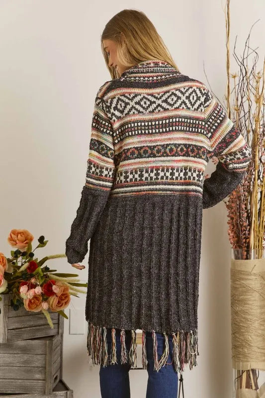 ADORA Full Size Fringe Hem Aztec Cardigan Plus Size Women's Outerwear