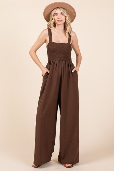 Mittoshop Smocked Wide Leg Overalls with Wide Straps Ash Brown Jumpsuits