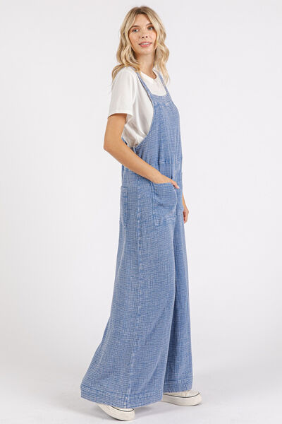 Mittoshop Textured Wide Leg Overalls Blue Jumpsuits