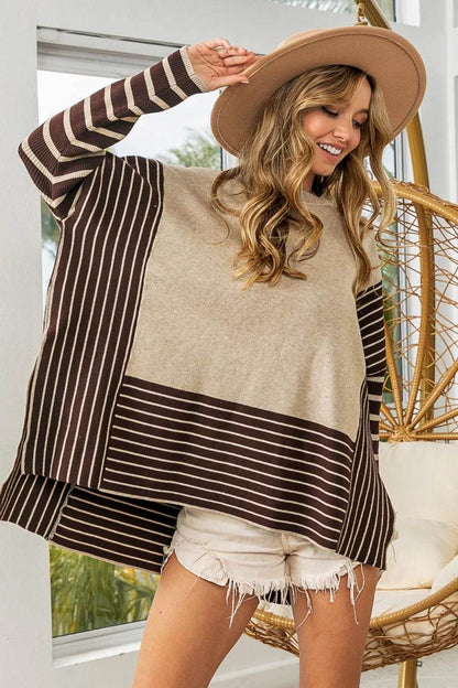 BiBi Striped Contrast Long Sleeve Slit Top - Shop Style & More | Fresh Looks, Everyday Deals & Free Shipping
