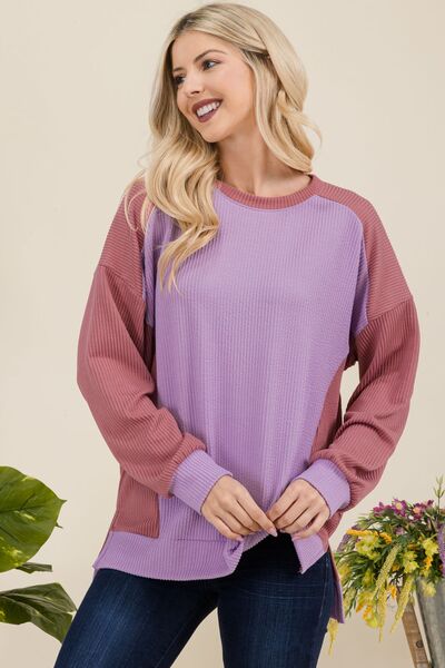 Celeste Full Size High-Low Contrast Round Neck Sweatshirt Hoodies & Sweaters