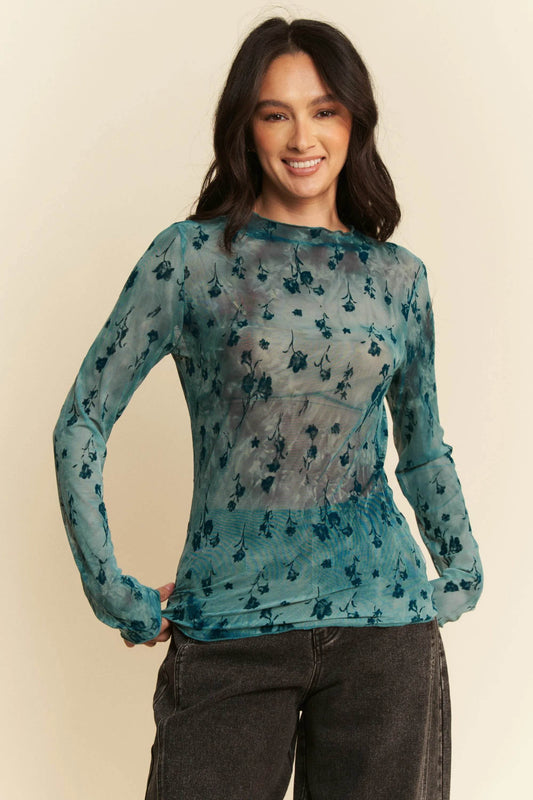 Davi & Dani Floral Mesh Long Sleeve Sheer Layering Top - Shop Style & More | Fresh Looks, Everyday Deals & Free Shipping