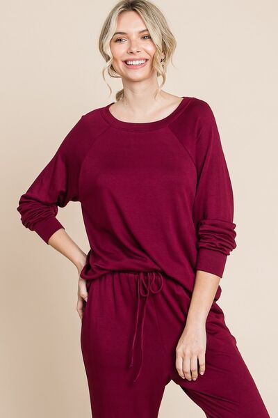 Super Lady Round Neck Raglan Sleeve Top and Pants Lounge Set Burgundy Lounge Set