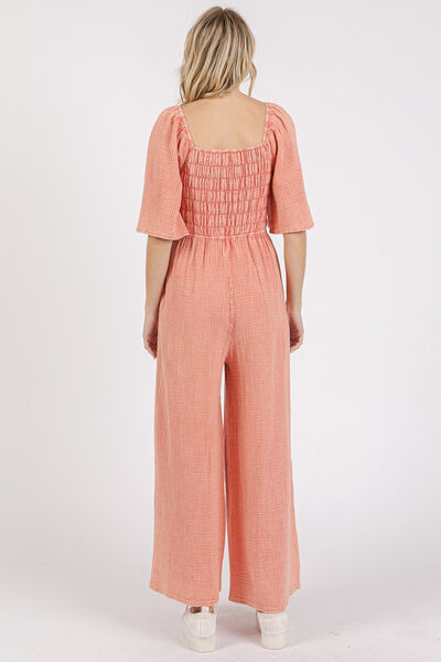 Mittoshop Mineral Wash Wide Leg Jumpsuit with Ruched Design Jumpsuits