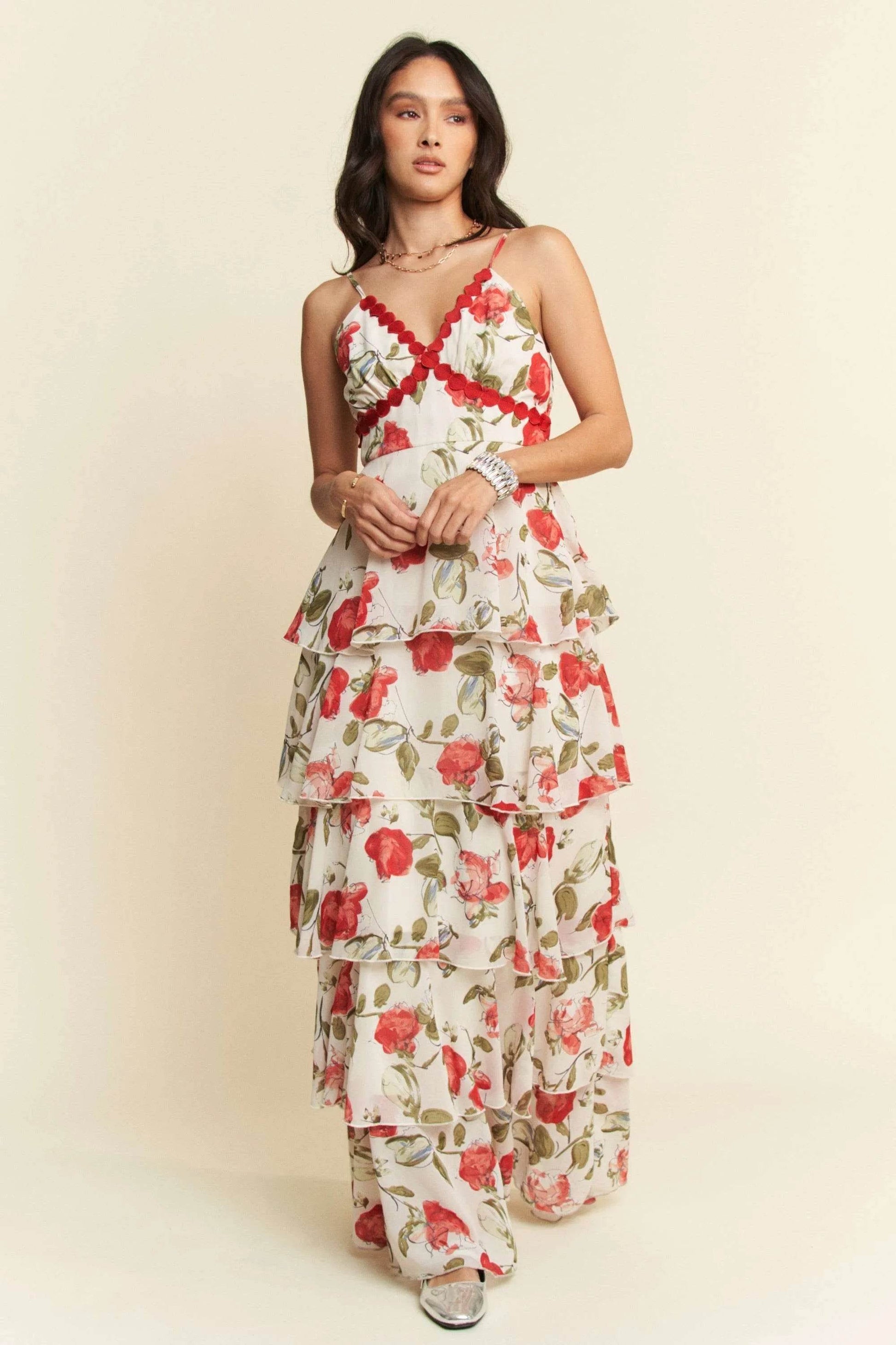 Davi & Dani Contrast Ring Lace Layered Ruffle Maxi Cami Dress - Shop Style & More | Fresh Looks, Everyday Deals & Free Shipping
