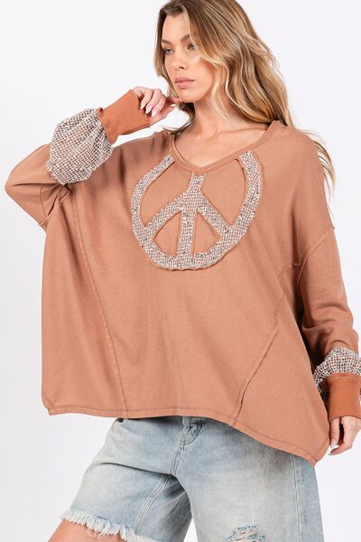 SAGE + FIG Peace Sign Mineral Wash Terry Top Hoodies & Sweaters