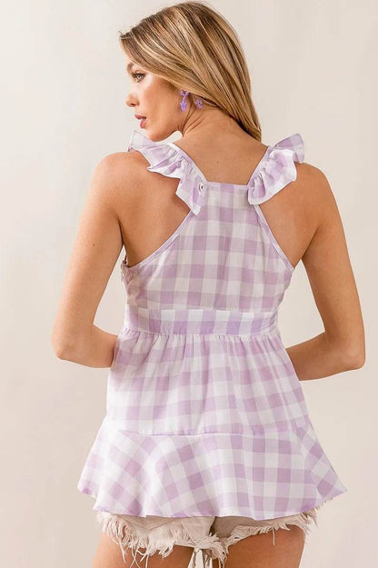 BiBi Ruffled Neckline Sleeveless Check Plaid Peplum Top - Shop Style & More | Fresh Looks, Everyday Deals & Free Shipping