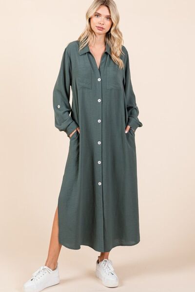 Mittoshop Airflow V-Neck Long Sleeve Button Down Maxi Dress Lt Hunter Casual Dresses