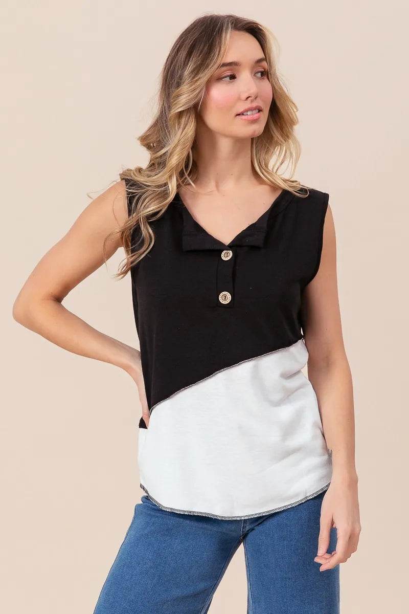BiBi Color Block Contrast Stitching Buttoned Henley Top - Shop Style & More | Fresh Looks, Everyday Deals & Free Shipping