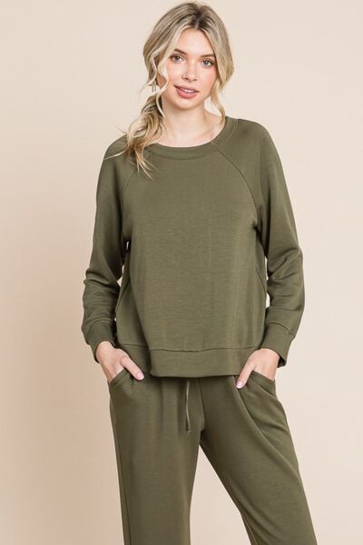 Super Lady Round Neck Raglan Sleeve Top and Pants Lounge Set Olive Lounge Set