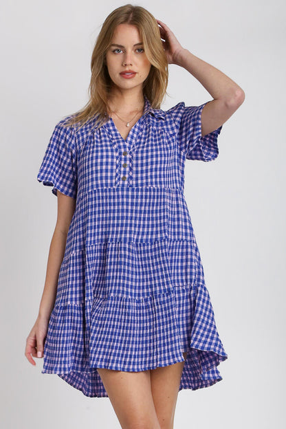 Umgee Full Size Gingham Tiered Button Detail Short Sleeve Dress Plus Size Blue Casual Dresses