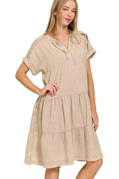 Zenana Washed Double Gauze Raw Edge Notched Dress - Shop Style & More | Fresh Looks, Everyday Deals & Free Shipping