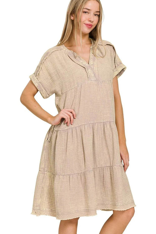 Zenana Washed Double Gauze Raw Edge Notched Dress - Shop Style & More | Fresh Looks, Everyday Deals & Free Shipping