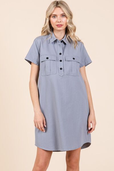 Mittoshop Button Detail Collared Neck Short Sleeve Shirt Dress Blue Grey Casual Dresses