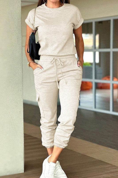 Crew Neck Short Sleeve Drawstring Waist Jumpsuit - Shop Style & More | Fresh Looks, Everyday Deals & Free Shipping