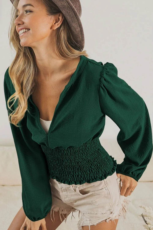 BiBi Smoking Waist Band and Puff Sleeves Deep V Neck Top - Shop Style & More | Fresh Looks, Everyday Deals & Free Shipping