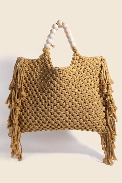 Fame Wooden Beaded Handle Braided Tote Bag Mustard One Size Bags