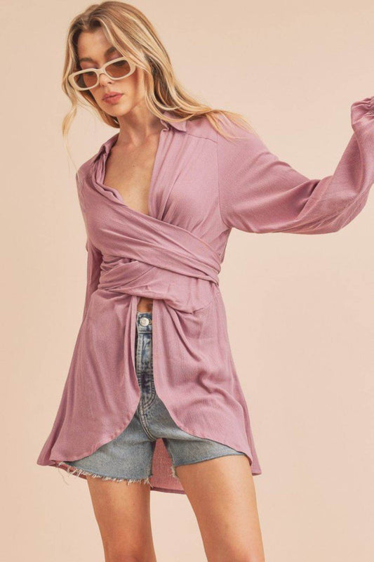 Aemi + Co Tied Collared Neck Long Sleeve Top - Shop Style & More | Fresh Looks, Everyday Deals & Free Shipping