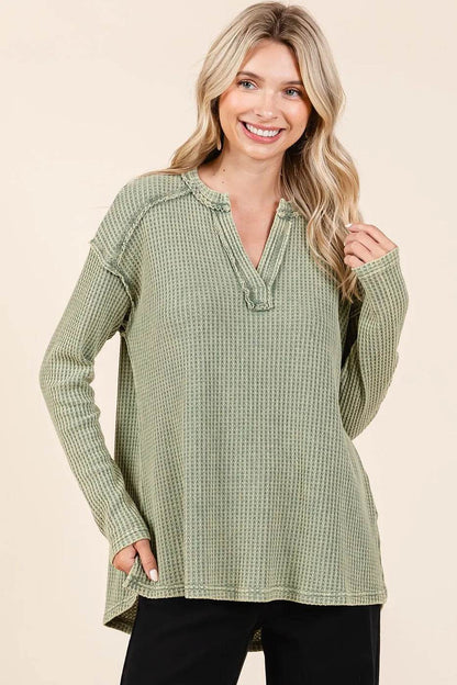 Mittoshop Mineral Wash Waffle Knit V-Neck Long Sleeve Top - Shop Style & More | Fresh Looks, Everyday Deals & Free Shipping