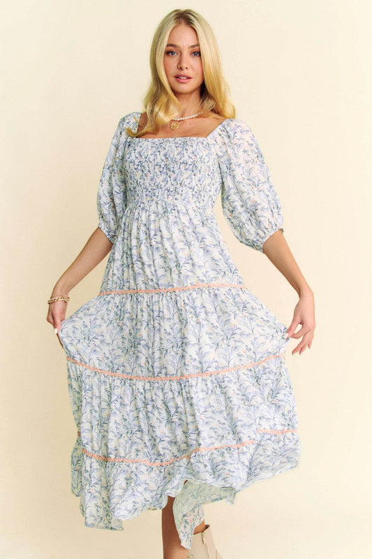 Davi & Dani Contrast Ric Smocking Bodice Tiered Midi Dress - Shop Style & More | Fresh Looks, Everyday Deals & Free Shipping