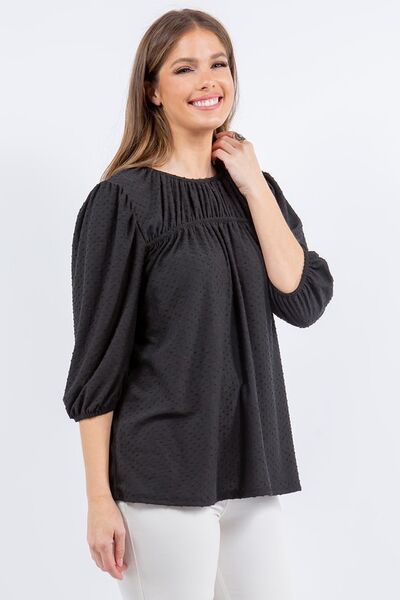 Celeste Full Size Puff Sleeve and Bow Detail Top Plus Size Blouses