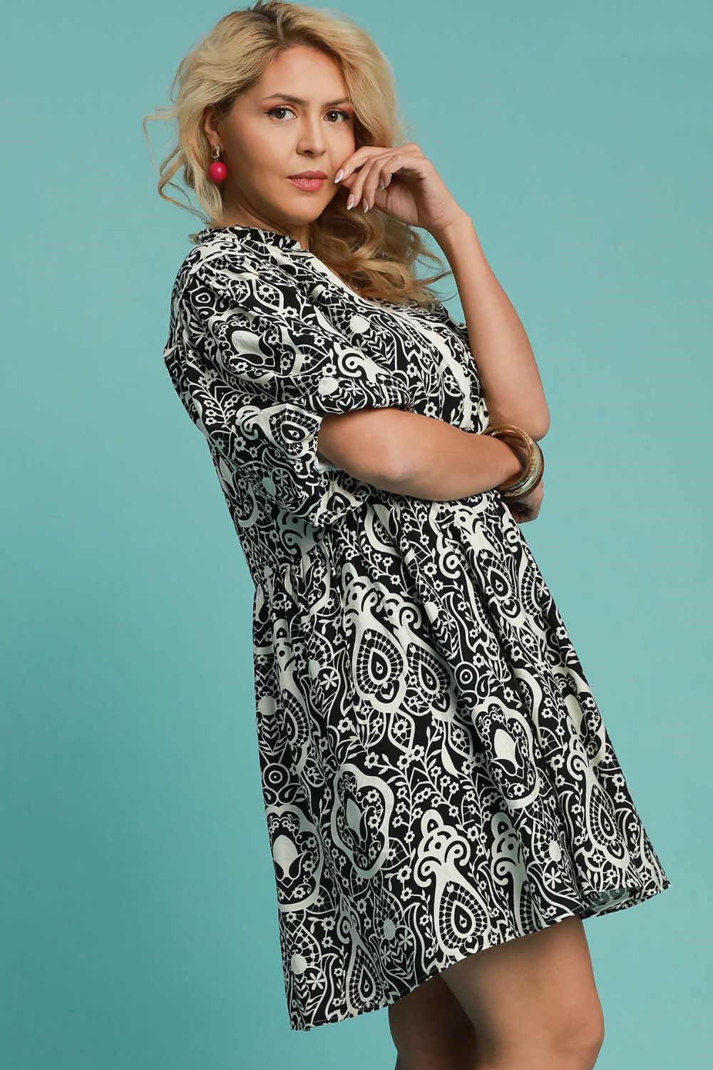 Umgee Full Size Abstract Print Puff Sleeve Dress Plus Size Casual Dresses