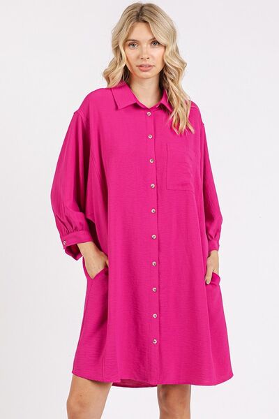 Mittoshop Airflow 3/4 Sleeve Buttoned Shirt Mini Dress Hot Pink Casual Dresses