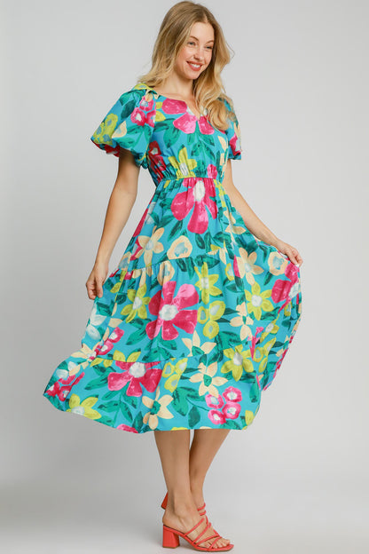 Umgee Full Size Tiered Floral Print Notched Puff Sleeve Midi Dress Plus Size Casual Dresses