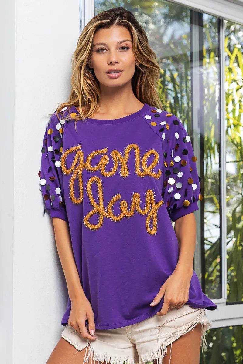 BiBi Game Day Metallic Letter Spangle Sleeve Top - Shop Style & More | Fresh Looks, Everyday Deals & Free Shipping