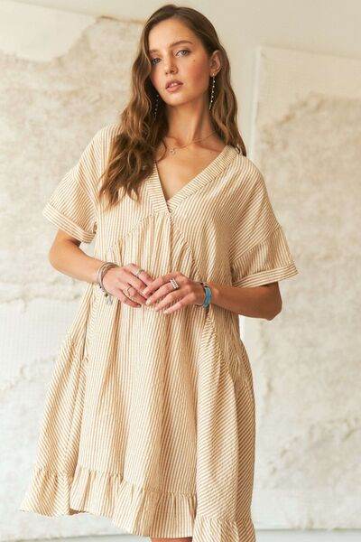 ADORA Ruffled Hem Striped V-Neck Babydoll Dress - Shop Style & More | Fresh Looks, Everyday Deals & Free Shipping