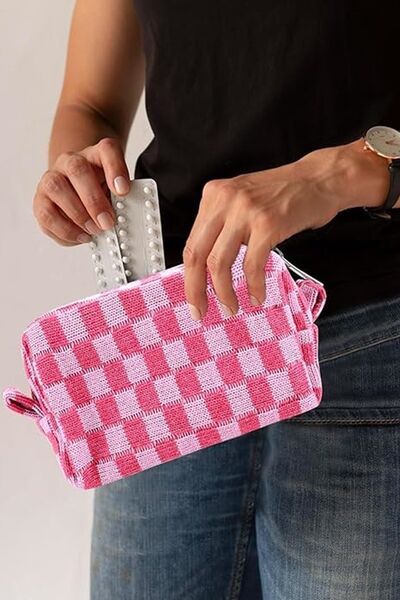 Zenana Checkered Pattern Knitted Cosmetic Pouch Bags