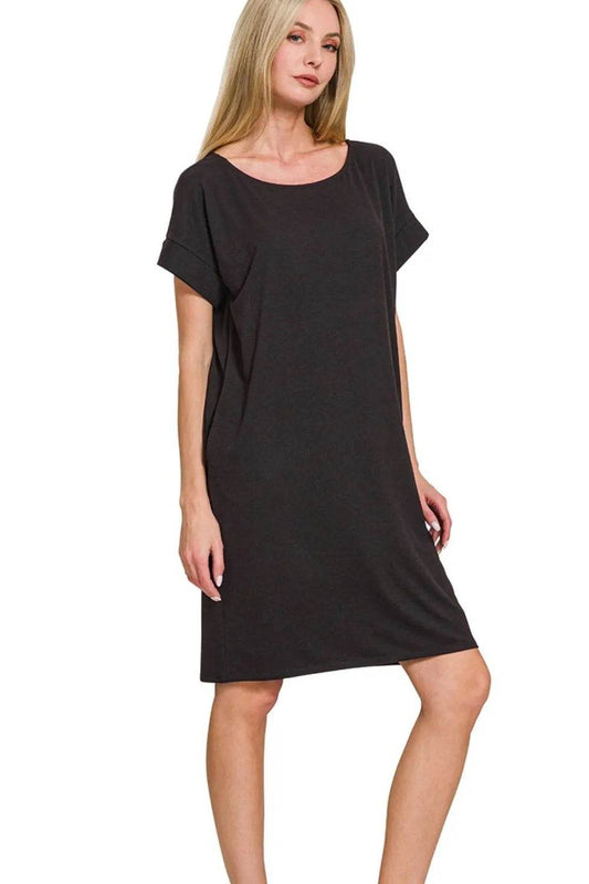 Zenana Rolled Short Sleeve Round Neck Dress - Shop Style & More | Fresh Looks, Everyday Deals & Free Shipping