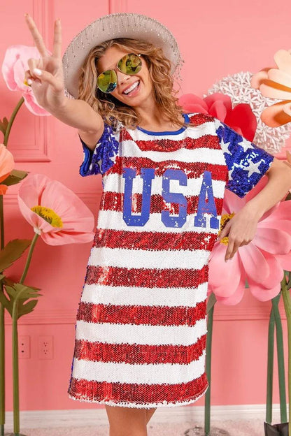 BiBi American Flag Theme Usa Print Sequin Dress - Shop Style & More | Fresh Looks, Everyday Deals & Free Shipping