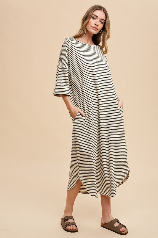 Annie Wear Striped Round Neck Terry Midi Dress Casual Dresses