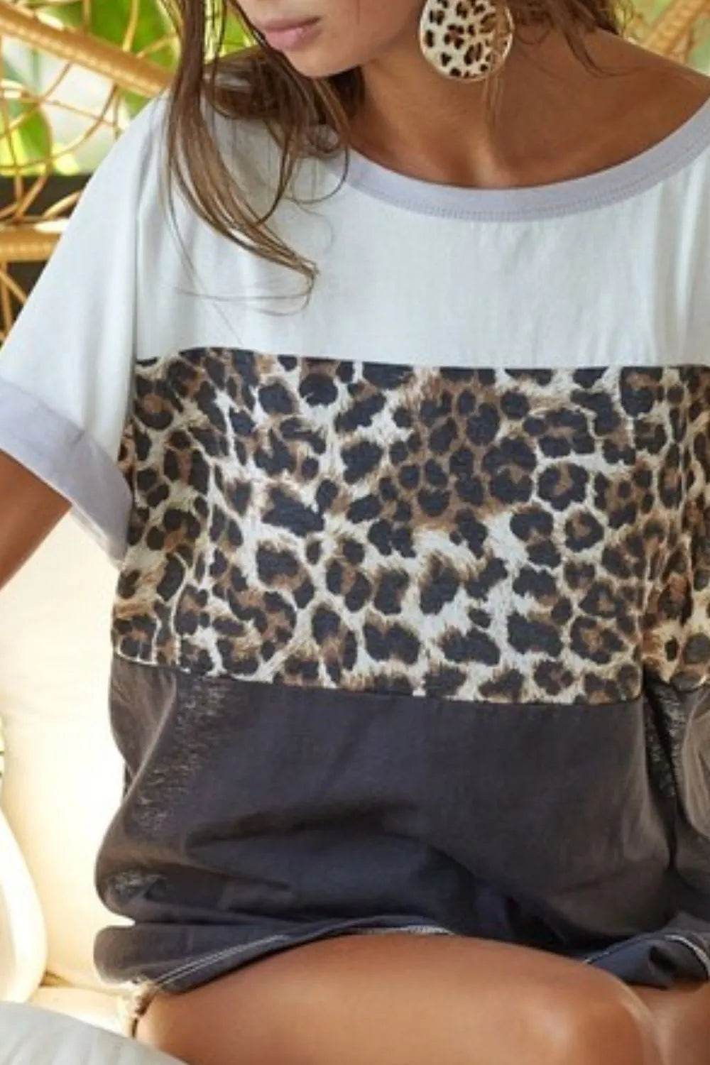 BiBi Leopard Printed Jersey Color Block Roll Up Top - Shop Style & More | Fresh Looks, Everyday Deals & Free Shipping