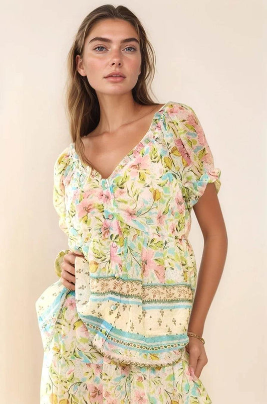 Davi & Dani Spring Floral Border Print Ruffled Textured Top - Shop Style & More | Fresh Looks, Everyday Deals & Free Shipping