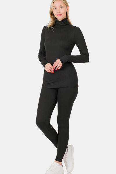 Zenana Full Size Turtleneck Top and Leggings Lounge Set Black Lounge Set