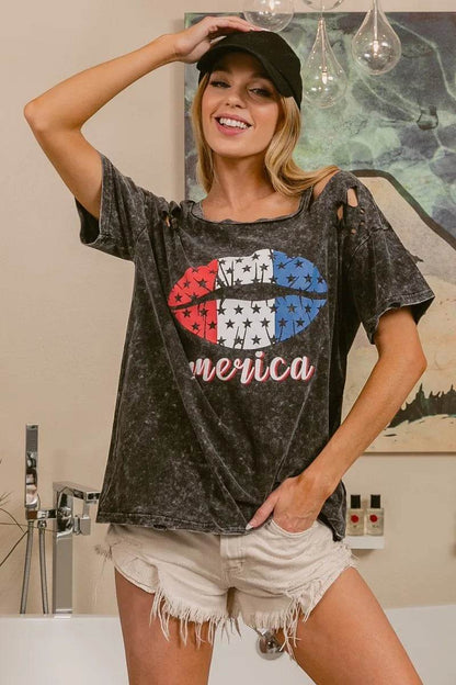 BiBi Laser Cut Mineral Washed Old Glory Lip Print Top - Shop Style & More | Fresh Looks, Everyday Deals & Free Shipping