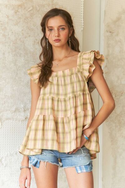 ADORA Ruffled Square Neck Cap Sleeve Babydoll Blouse Blouses